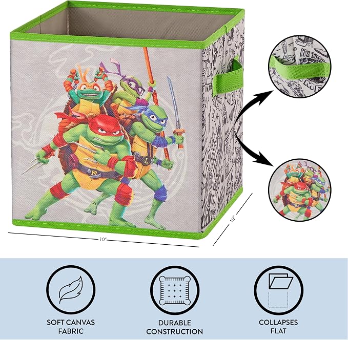 Teenage Mutant Ninja Turtles: Mutant Mayhem Storage Cubes – Set of 2 Collapsible Fabric Bins, 10x10 Inch - Kids Toy Organizer Baskets for Bedroom, Playroom, Closet – TMNT Room Decor