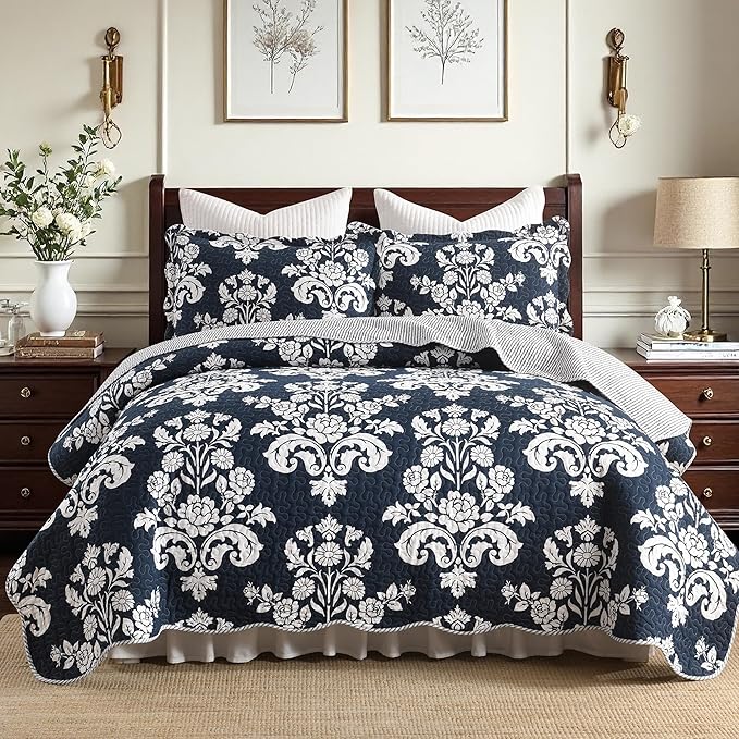 Navy Blue Quilt Set King Size, 100% Cotton Reversible Farmhouse Quilt with Elegant Botanical Floral Pattern, Scalloped Edge Bedspread Coverlet, Lightweight All Season Bedding Set with 2 Shams