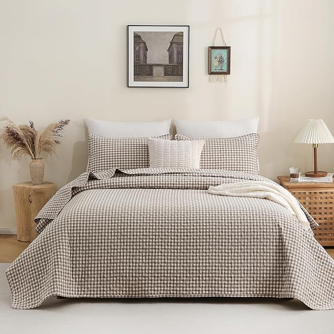TOCOMOA Tan Gingham Quilt Bedding Set 100% Washed Cotton Bedspread Coverlet Like Linen Feel Soft Comfy Breathable 3 Piece Brown Plaid Checkered Lightweight Comforter Set for All Season, Queen 96"x90"