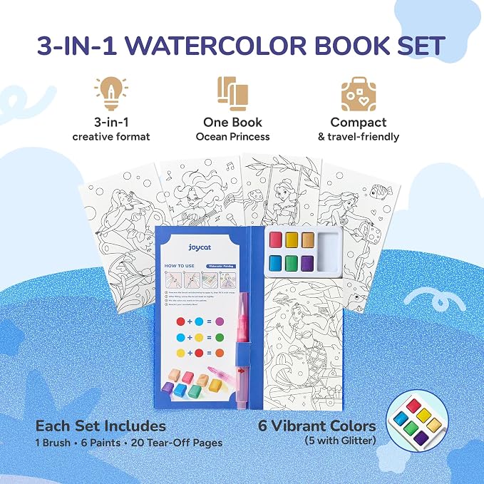 JoyCat Pocket Paint with Water Coloring Books for Kids, Art & Craft Activity Toy Set, Creative Travel & Home Painting Kit, Gifts for Girls & Boys Ages 3-8 (Ocean Princess)