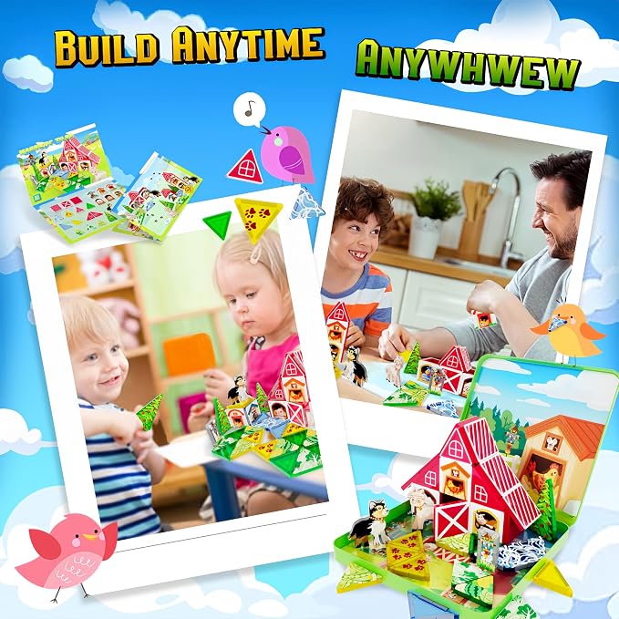 48pcs Mini Magnetic Tiles – Farm Animal Building Blocks Set in Iron Box, Portable STEM Travel Toys for Toddlers, Quiet On-the-Go Activities & Preschool Learning for Kids