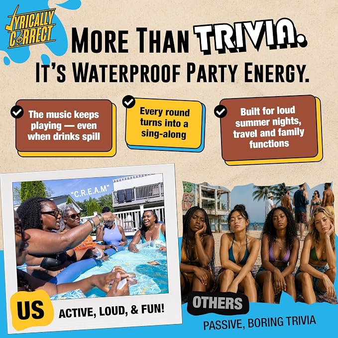 Lyrically Correct Waterproof DRIP ‘90s & 00s Hip-Hop & R&B Edition – Waterproof Music Trivia Card Game for Adults & Families – Pool, Beach & BBQ Party Game