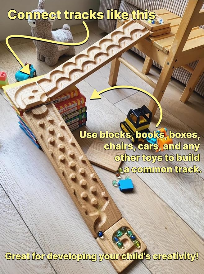 Wooden Marble Run Track Set of 2 Wind+Rocks Race Set Wooden Maze Board Ball Run Montessori STEM Toy Gift for Kids Wave Course Winding Roller Track Game (Wind+Rocks)