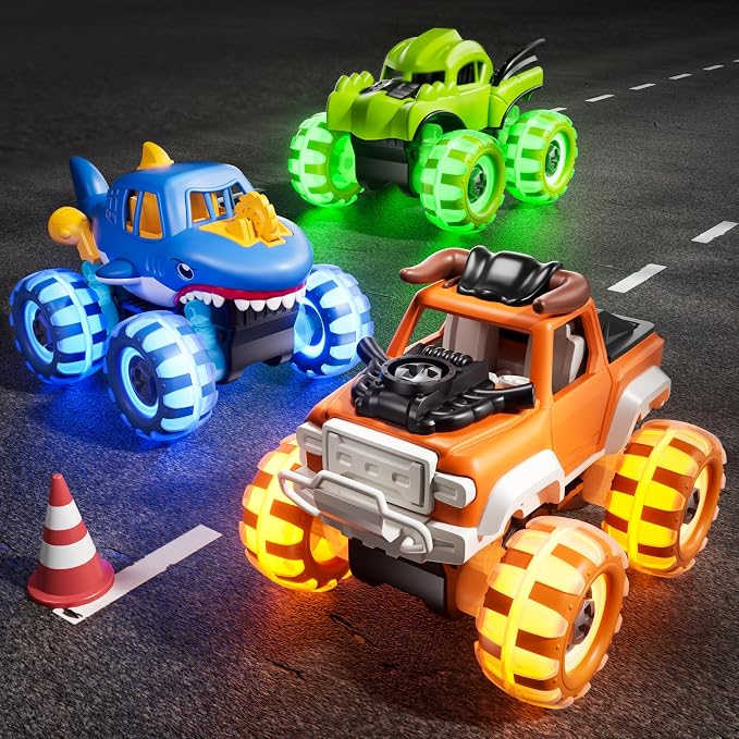 3 Pack Monster Truck Toys with Light Up Wheels, Take Apart Car Toys for Toddlers Kids Boys Age 3 4 5 6 7 8 Years Old