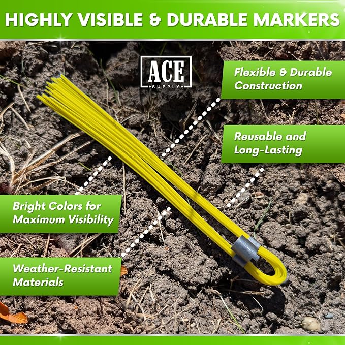 Yellow Marking Whiskers With Stakes - 25 Pack - Durable Marking Whisker Set - Use Survey Whiskers As Ground Markers, Construction Markers, Or Trail Markers