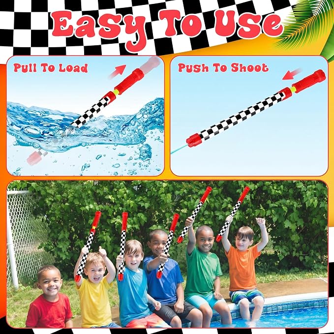 Halloscume 6 Pcs Race Car Party Favors for Kids Water Guns Bulk 15.75" Black and White Checkered Water Squirters Blaster Shooters for Adult Summer Swimming Pool Beach Birthday Gifts Supplies