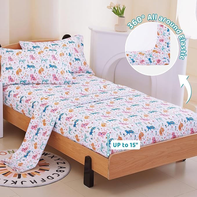 Viviland 4 Pieces Girls Pink Cat Full Sheet Set - Soft Microfiber Fitted Flat Sheets & Pillowcase - Kids Colorful Floral Leaf Print Bedding Sets - for Kids & Toddlers