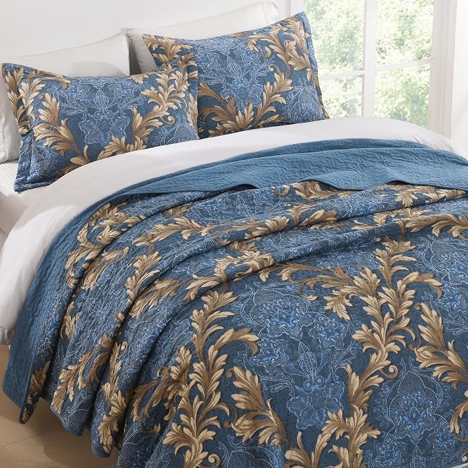 100% Cotton Classic Damask Reversible Queen Size Quilt Set, Blue and Brown | Elegant Floral Pattern, Queen Quilt with Shams, Lightweight, Scrollwork, 3 Piece Bedspread Set, All Season, 106"x98"