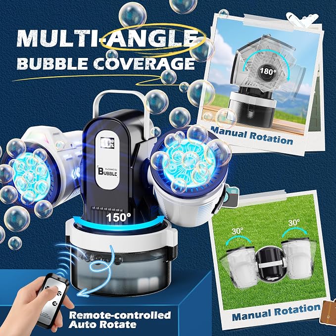 Dual-Engine Bubble Machine with Auto Rotation & RGB Lights & Remote Control,1800mA Type-C Rechargeable,700mL Tank,Bubble Maker for Kids, Party, Wedding, Backyard Outdoor Toy