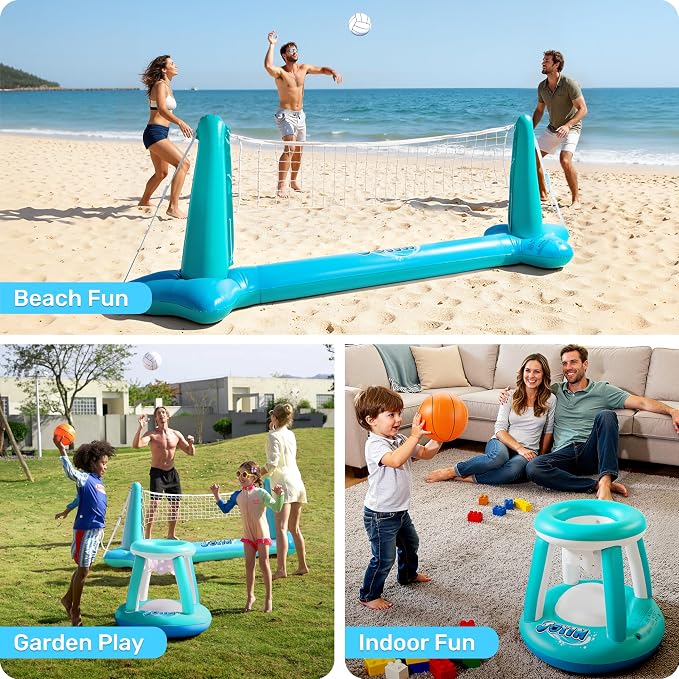 JOYIN Inflatable Pool Float Set Volleyball Net & Basketball Hoops, Floating Swimming Game Toy for Kids and Adults, Summer Floaties, Volleyball Court (105”x28”x35”)|Basketball (27”x23”x27”),L-Blue