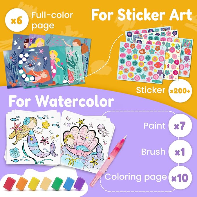 JoyCat Paint with Water Coloring Books & Creative Sticker(Ocean Princess) | Watercolor & Sticker Activity - 200 Pcs Stickers for Kids, Toddler Painting Set, Art & Craft Travel Toy Gifts for Boys Girls