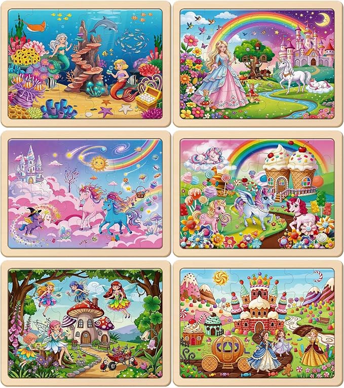 Puzzles for Kids Ages 3-5, 6 Pack Wooden Jigsaw Puzzles 24 Pieces – Unicorn Princess & Mermaid Educational Toys for Toddlers 4-6 Year Old, Gift Box, Easter Christmas Birthday Gifts for Kids