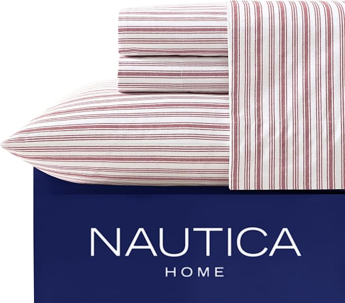 Nautica - Queen Sheets, Cotton Percale Bedding Set, Casual Home Decor (Coleridge Stripe Red, Queen)