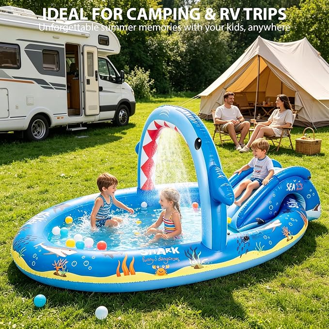 Inflatable Ocean Shark Play Center, Summer Splash Pad Kids Pool with Slide&Sprinkler, Blow Up Toddler Water Pool for Backyard and Garden 96''x59''x39''