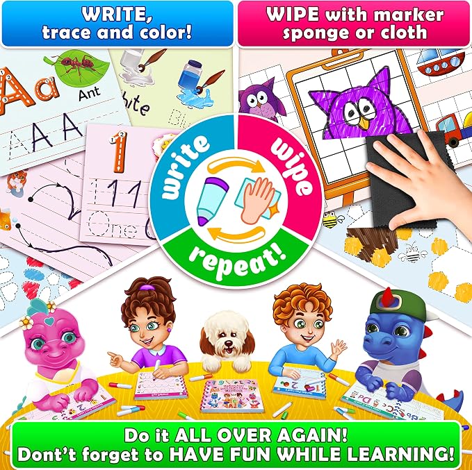 Curious 2 Learn Hardcover Preschool Activity Workbook for Kids Ages 3–5 – 32 Montessori Learning Activities with 9 Markers – ABC, Numbers, Colors & Shapes – Educational Gift for Boys & Girls
