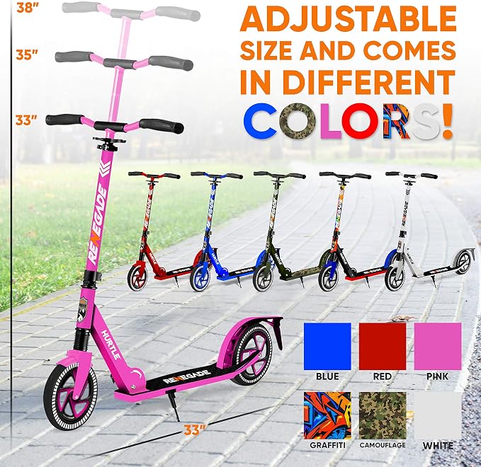 Hurtle Renegade Kick Scooter for Kids, Teenagers & Adults - 2-Wheel Folding Scooter with Adjustable T-Bar Handlebar - Alloy Anti-Slip Deck