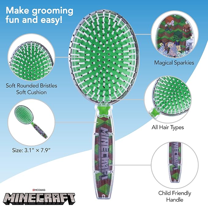 Minecraft Hair Brush with Magical Sparkling Cubes - Confetti, Green - Boys Hair Brush Ages 3+