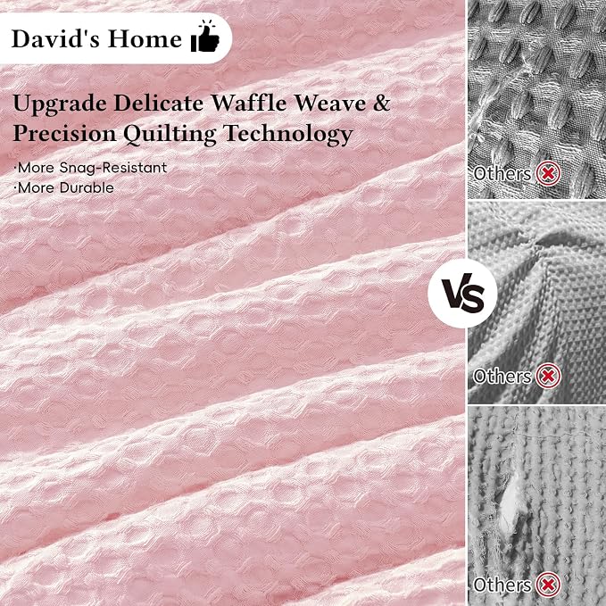 David's Home Waffle Weave Comforter Set 3PCS Queen Size, Soft Breathable Lightweight Cozy Skin-Friendly Warm for All Season, Elegant Aesthetic Home Decor Bedding Set with Pillow Shams, Pink