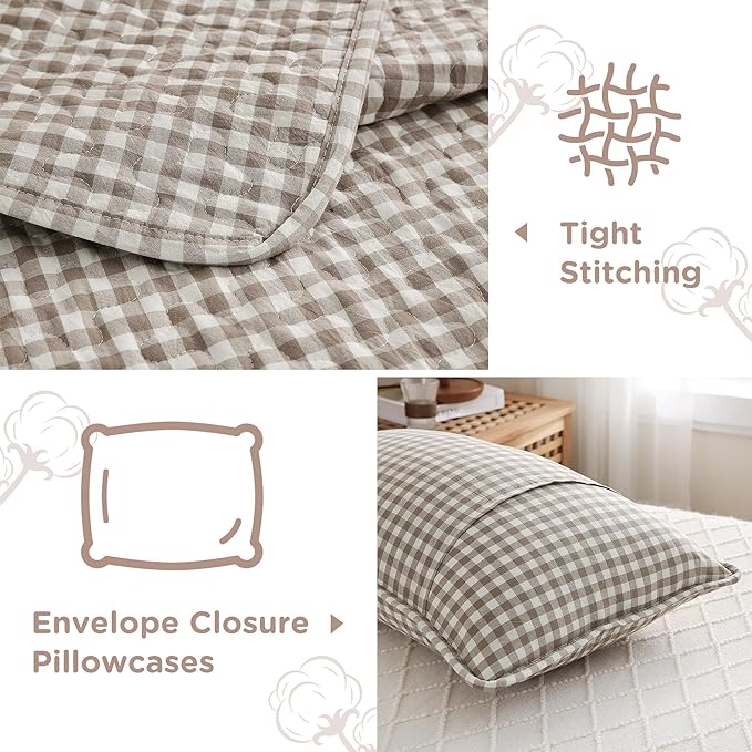 TOCOMOA Tan Gingham Quilt Bedding Set 100% Washed Cotton Bedspread Coverlet Like Linen Feel Soft Comfy Breathable 3 Piece Brown Plaid Checkered Lightweight Comforter Set for All Season, King 106"x96"