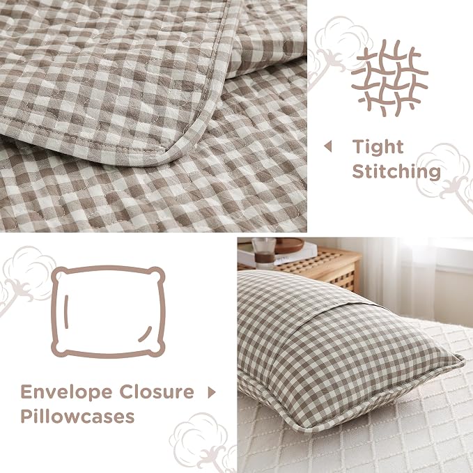 TOCOMOA Tan Gingham Quilt Bedding Set 100% Washed Cotton Bedspread Coverlet Like Linen Feel Soft Comfy Breathable 3 Piece Brown Plaid Checkered Lightweight Comforter Set for All Season, Queen 96"x90"