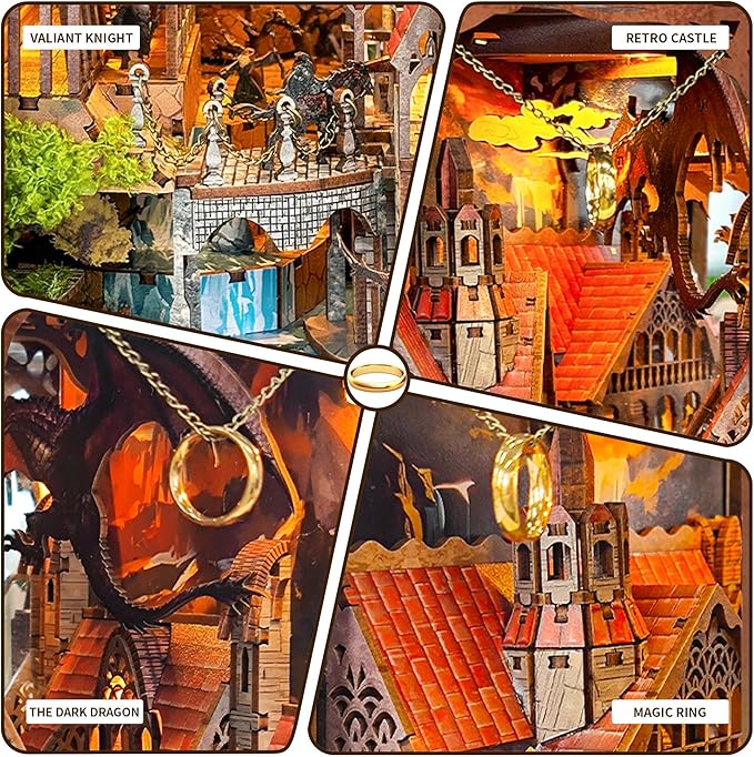 Book nooks DIY Dollhouse Kit for Adults 3D Stereo Assembly Night Light Sensing Wooden Bookend Jigsaw Building Model Gifts for Family,Friends