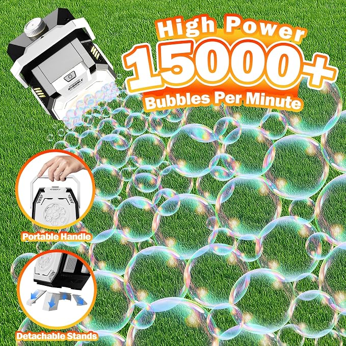 Belemar Bubble Machine for Kids with Lights, 6 Big Bubble Holes, Up to 15,000 Bubbles/Min, 320ml Large Tank, Battery Operated Portable Bubble Blower for Toddlers, Birthday Parties & Outdoor Fun