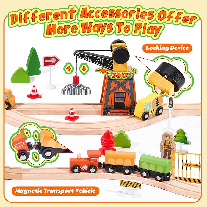 Wooden Train Set 102-Piece for Toddlers Kids Ages 3-8, Double-Sided Expandable Train Track with Puzzles & Magnetic Crane Toys, STEM Railway Playset Gifts Compatible with Major Brands for Boys Girls