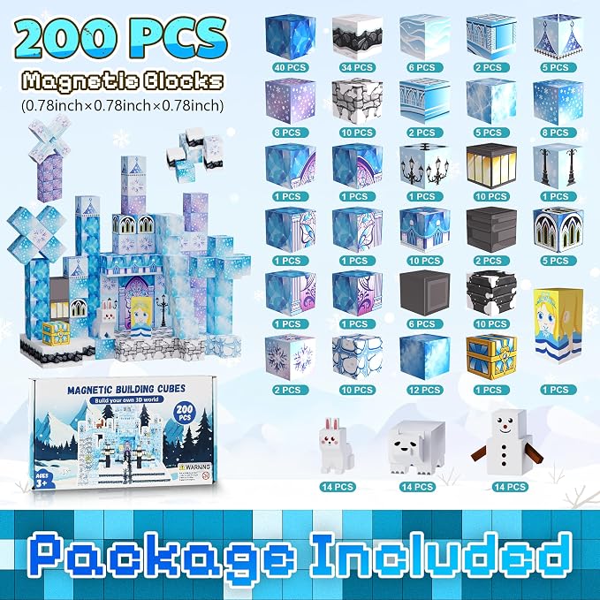 200 Pack Magnetic Blocks for Kids, STEM Construction Toys with Forest Theme | Creative Educational Games for Ages 3, 4, 5, 6, 7, 8, 9, 10 | Ideal Birthday for Boys & Girls (ICE, Count, 200)