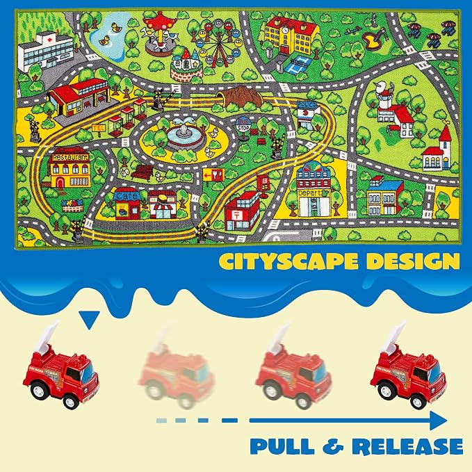 JOYIN Carpet Playmat w/ 12 Cars Pull-Back Vehicle Set for Kids Age 3+, Jumbo Play Room Rug, City Pretending Play