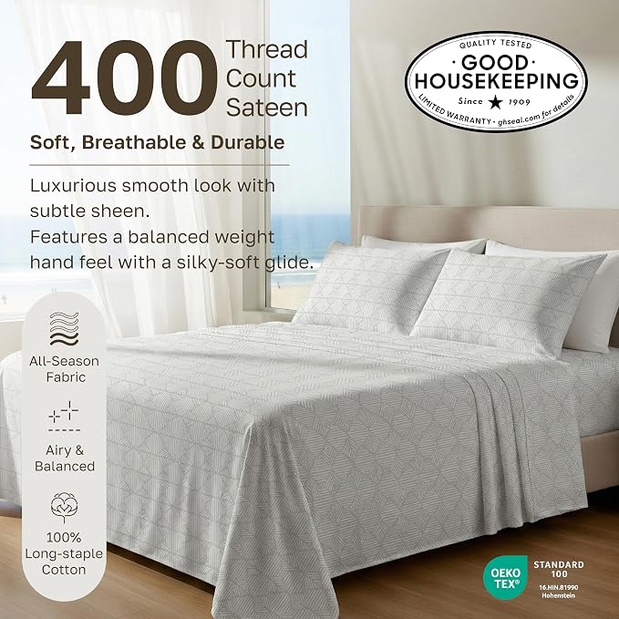 California Design Den Soft Full Size 100% Cotton Sheet Sets, 400 TC Good Housekeeping Award Winner, Smooth Sateen Finish with Deep Pockets, Cozy & Durable Full Bedding Set - Crosshatch Taupish - Sage