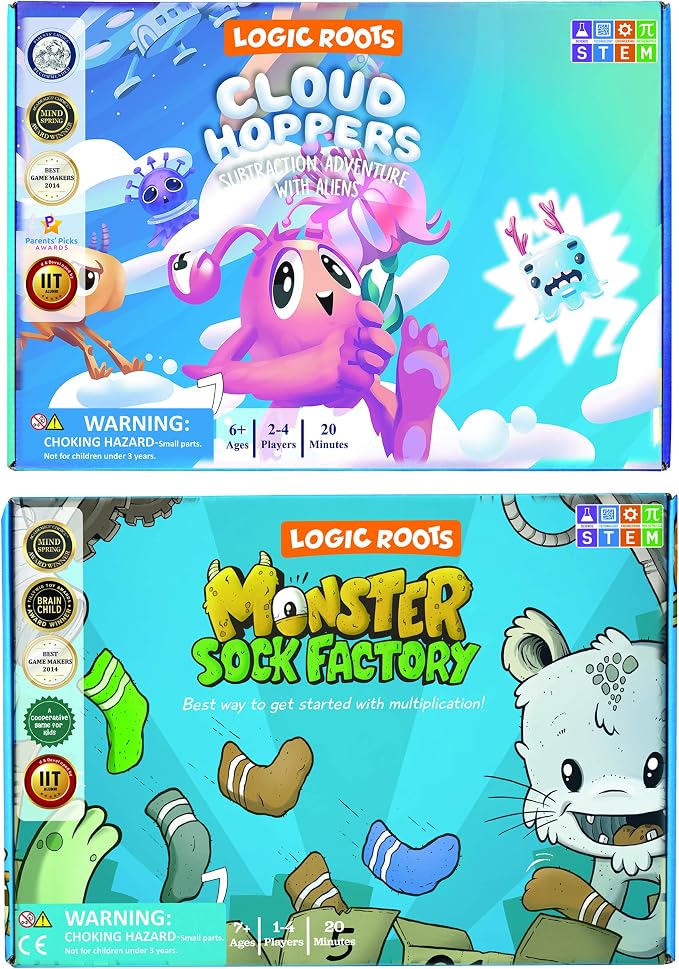 Two Math Games for Kids - Learn Addition, Subtraction, and Multiplication Table | Educational Games for Kids 5 and up for Kids (Monster Sock Factory + Cloud Hoppers)