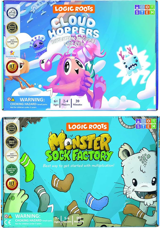 Two Math Games for Kids - Learn Addition, Subtraction, and Multiplication Table | Educational Games for Kids 5 and up for Kids (Monster Sock Factory + Cloud Hoppers)