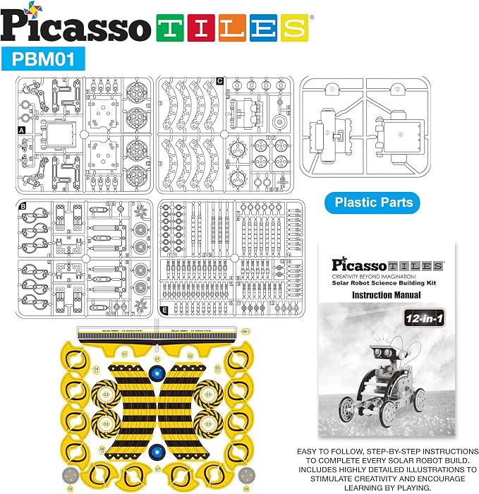 PicassoTiles 12-in-1 Solar Powered Transform Robot Set STEM Kids Educational Learning Engineering Building Toy Creative Unique Transformation Energy Science Experiment DIY Kit Boy Girl Age 8+ PBM01