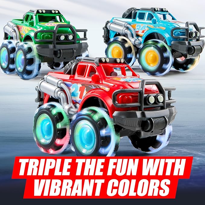 Vroomix JOYIN 3 Pack Monster Truck Toy - Toy Truck with Flashing LED Wheels - Light-Up Friction-Powered Cars for Toddlers - Boys Girls Birthday Gift