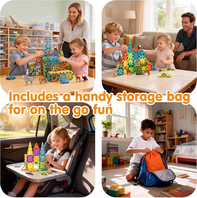 Magnetic Tiles for Kids 62PCS Magnet Animals Tiles Building with Storage Bag Set for Toddler Construction STEM Tiles Micro Toys Gifts for Ages 3-8 Preschool Boys Girls Birthday Christmas