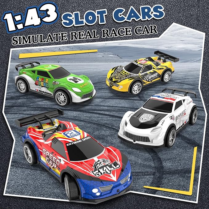 Slot Car Race Track Sets with 4 Slot Cars, 2 in 1 Electric Race Car Track Include Slope Circular Overpass Track, Dual Racing Game Featuring Flash Tracks, Gifts Toys for Boys Kids Age 6 7 8-12