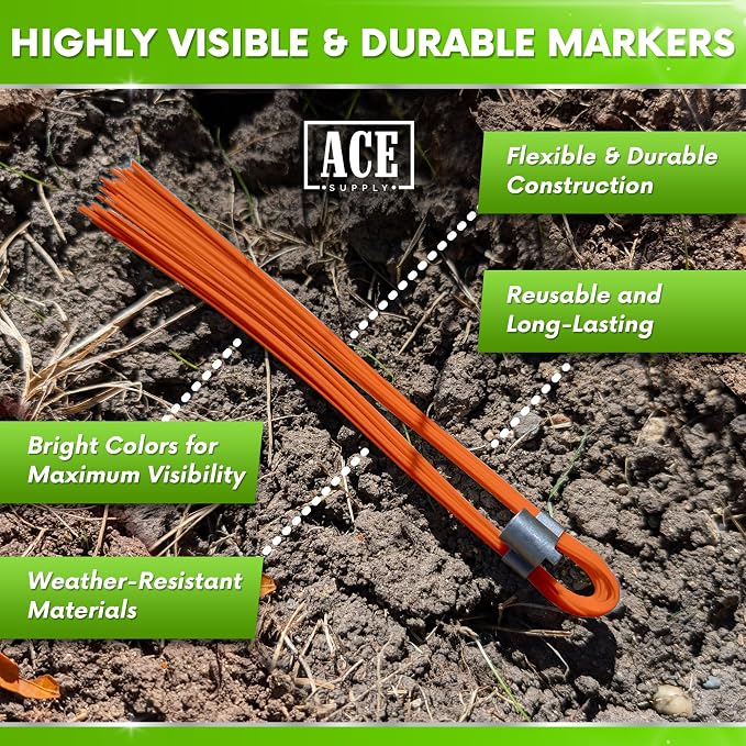 ACE Supply Orange Marking Whiskers with Stakes - Pack of 100 - Durable Marking Whisker Set - Use Survey Whiskers As Ground Markers, Construction Markers, Or Trail Markers