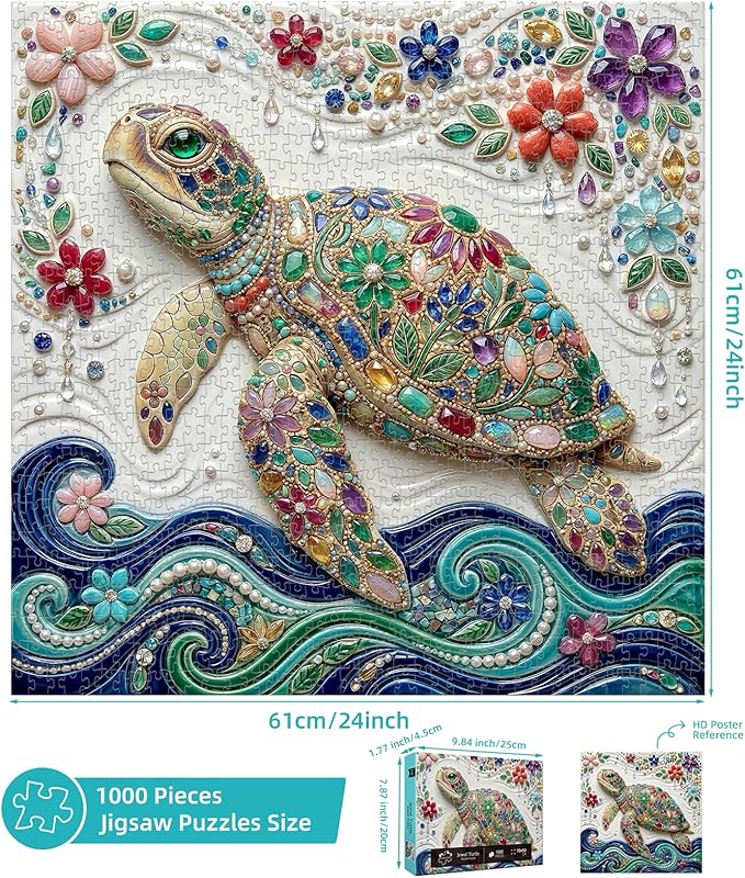 1000 Piece Puzzle for Adults, Crystal Sea Turtle Jigsaw Puzzles for Adults 1000 Pieces, Fun Challenging Family Puzzle with Letters on Back, Colorful Flower Ocean Puzzles for Family Game Night Gift