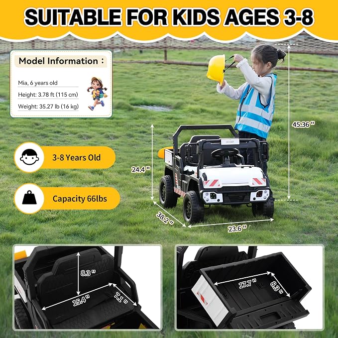 TOBBI 12V Electric Kids Dump Truck Toy, Toddlers Ride On Car with Parent Remote Control, Battery-Powered 4 Wheels Off-Road Vehicle to Drive with Auto Trailer/Horn/LED for Chirdren 3-8 Years-White