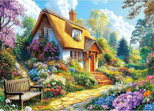 Cottage Garden 1000 Piece Jigsaw Puzzles for Adults, Colorful Floral Landscape with Thatched Roof House, Puzzles with Letters on Back for Easy Sorting, Hard Unique Puzzle Games for Adults Game Night