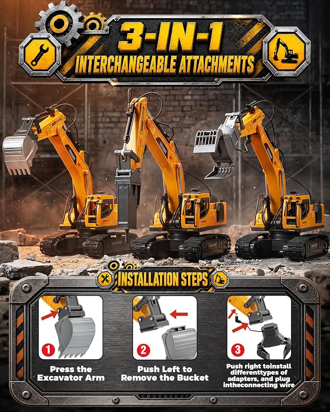 Remote Control Excavator Toy for Boys, 1:18 14-Channel RC Excavator with 3 Attachments, 2×1200mAh Batteries, Construction Toy for Sandbox Outdoor Play, Birthday Gift for Kids