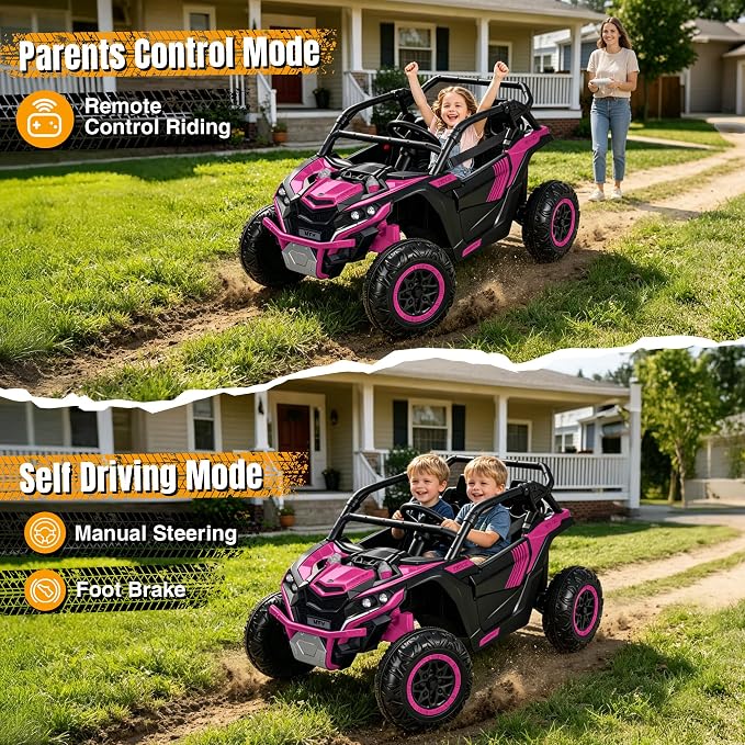 Firstness 24V Ride on Toys 800W Electric Remote Control Ride on Cars for Kids 2-Seater Riding Cars for Kids Ages 3-8, 3 Speed Mode, Music, LED Light, Off-Road UTV Ride on Truck for Boys & Girls, Pink