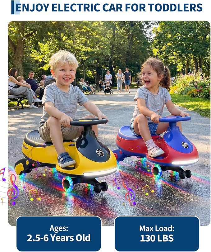 Garvee 12V Electric Wiggle Car for Kids, 2 in 1 Swing Car with Pedal, Anti-Rollover, Max Load 130Lbs,Flashing Wheels, Music,Rechargeable Battery Ride on Toy Indoor Outdoor for Toddlers, Yellow