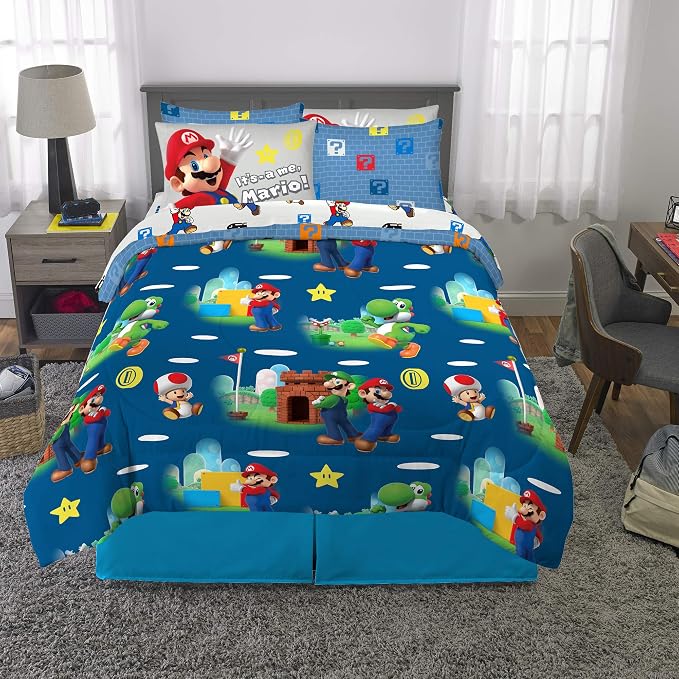 Super Mario Kids Bedding Set, Full Size 7 Piece Comforter and Sheet Set with Sham, (Officially Licensed Product) by Franco