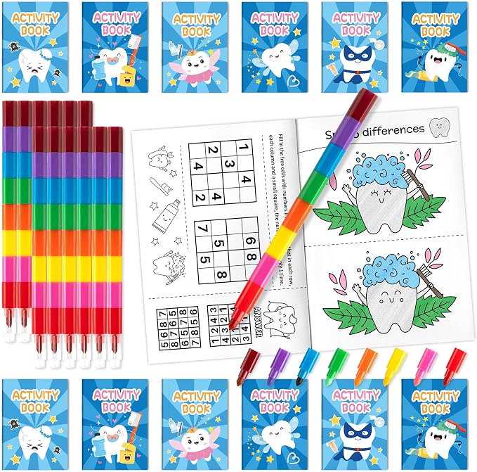 Tooth Activity Books with 24 Stacking Crayons for Kids - 24 Pack Tooth Fairy Mini Game and Coloring Book Set, Bulk Teeth Themed Activity Booklets for Classroom Rewards Party Favors DIY Art Gifts