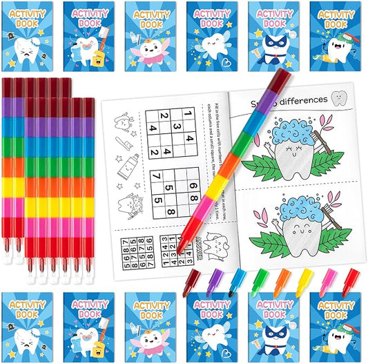 Tooth Activity Books with 24 Stacking Crayons for Kids - 24 Pack Tooth Fairy Mini Game and Coloring Book Set, Bulk Teeth Themed Activity Booklets for Classroom Rewards Party Favors DIY Art Gifts