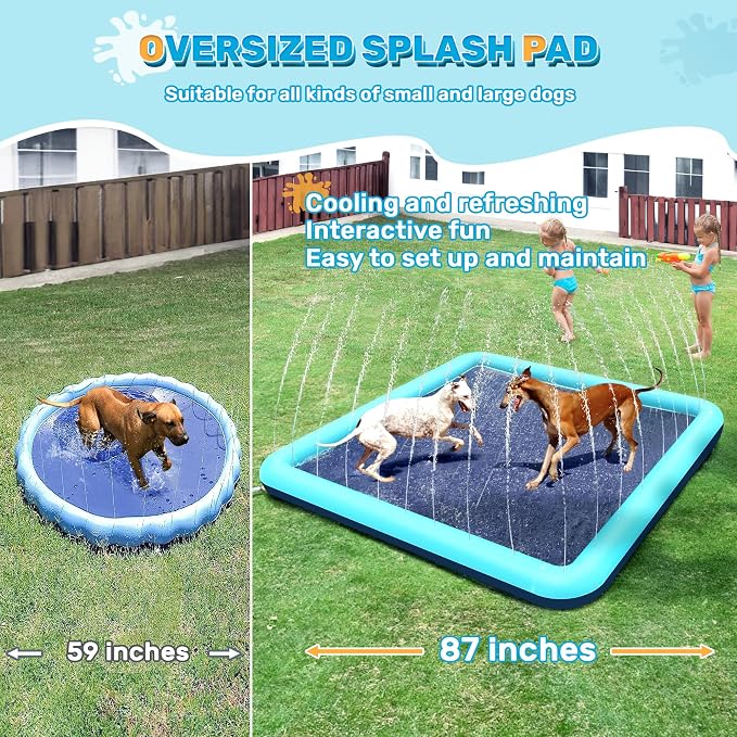 87'' Splash Pad for Dogs, Non-Slip Sprinkler for Kids, Square Splash Pad for Kids Ages 4-8, Splash Pads for Toddlers 1-3, Dog Sprinkler Shallow Pool, Outdoor Water Toys for Backyard, Teal