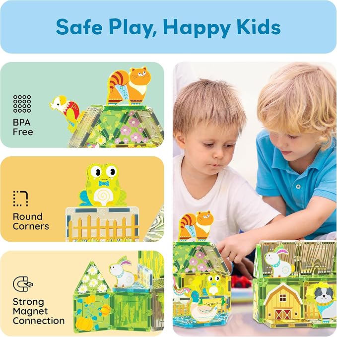PicassoTiles Magnetic Tiles Magnet Tile Building Blocks Printed Fall Farm Themed Animal Toy Set with 8 Farmyard Animals Character Action Figures STEM Learning Playset for Kids, Ages 3+ PTQ27