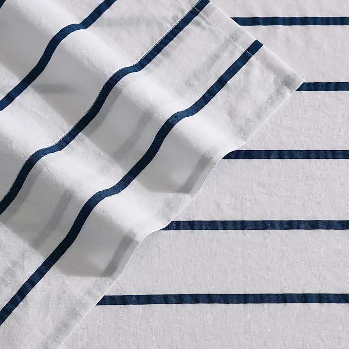 Nautica – Twin XL Size Sheet Set, Crisp Cotton Percale Bedding with Matching Pillowcase, Lightweight & Breathable Bed Sheets, Deep Pocket, College Dorm Room Essentials (Brenton Stripe Blue)