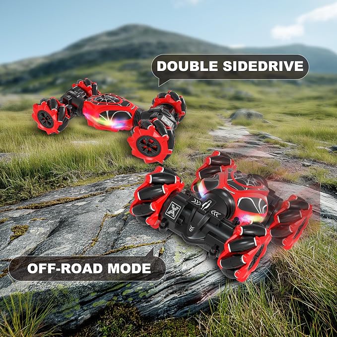 Gesture RC Car Red,1:24 High Speed 4WD Transform Stunt Car with Gesture & Remote Control, 360° Rotation Drift Vehicle with LED Lights Music, Racing Toy Cars Gift for Boys Girls Age 6-12